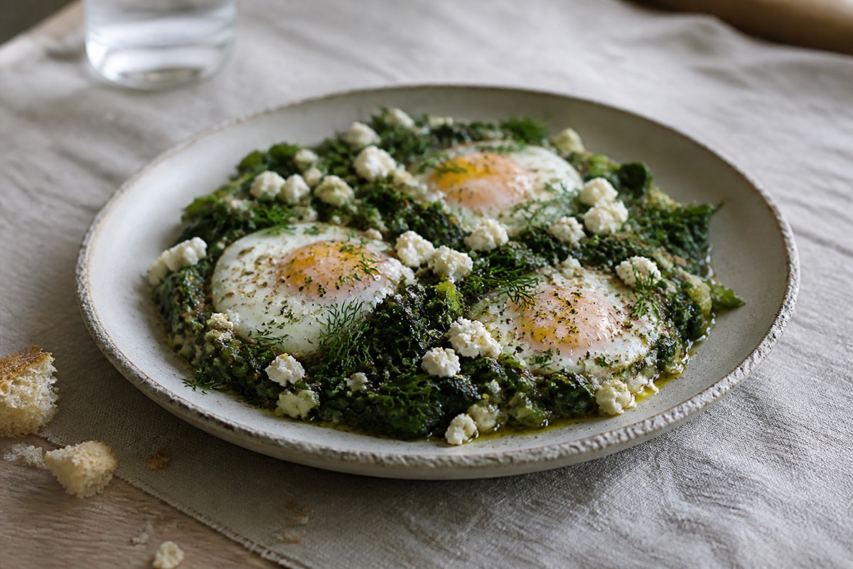 Green shakshuka with feta & dill