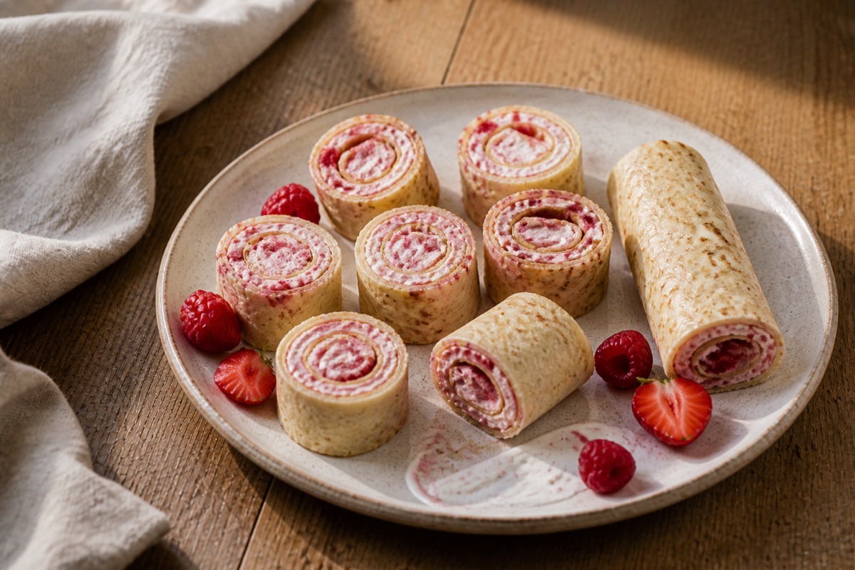 Easy rolled pancakes with berries & yogurt