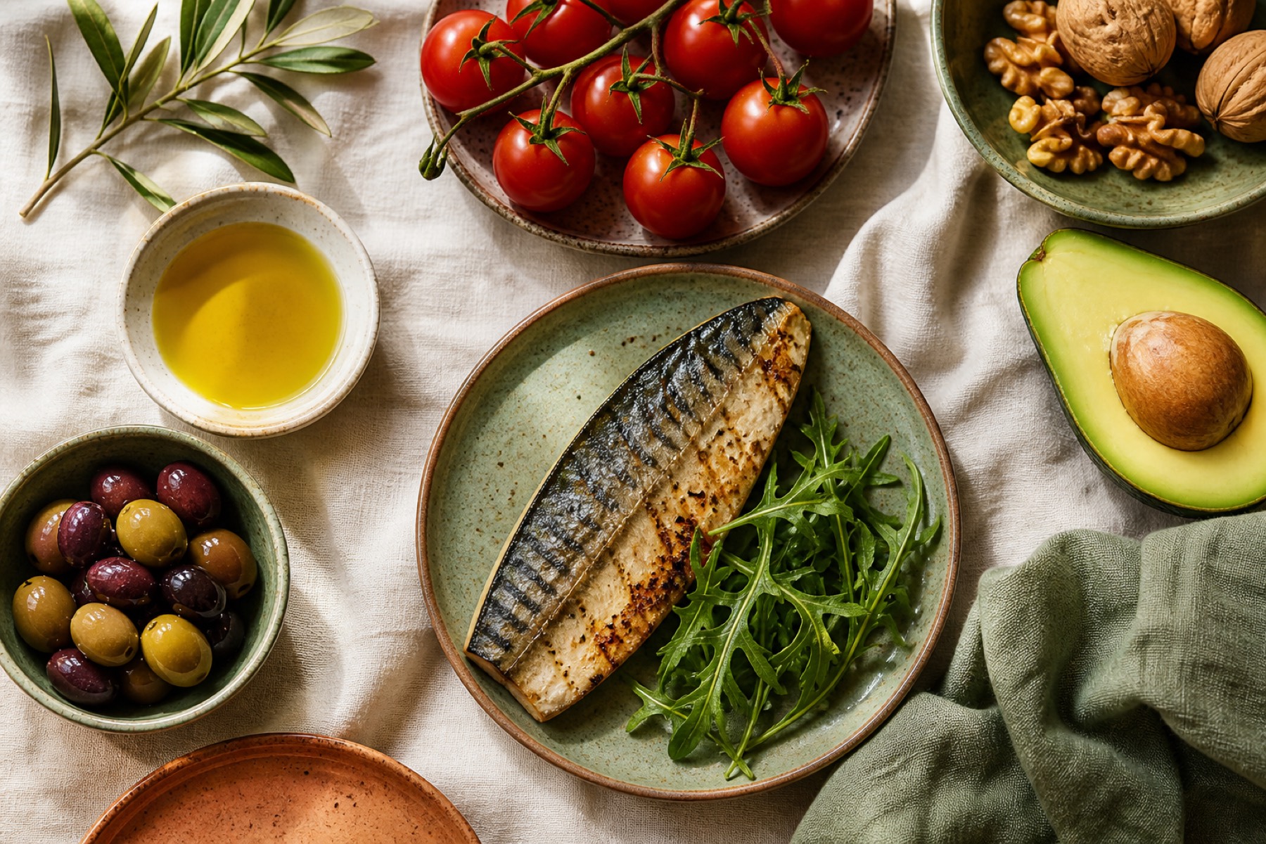 Grilled mackerel with rocket, olive oil, cherry tomatoes, olives, walnuts and avocado