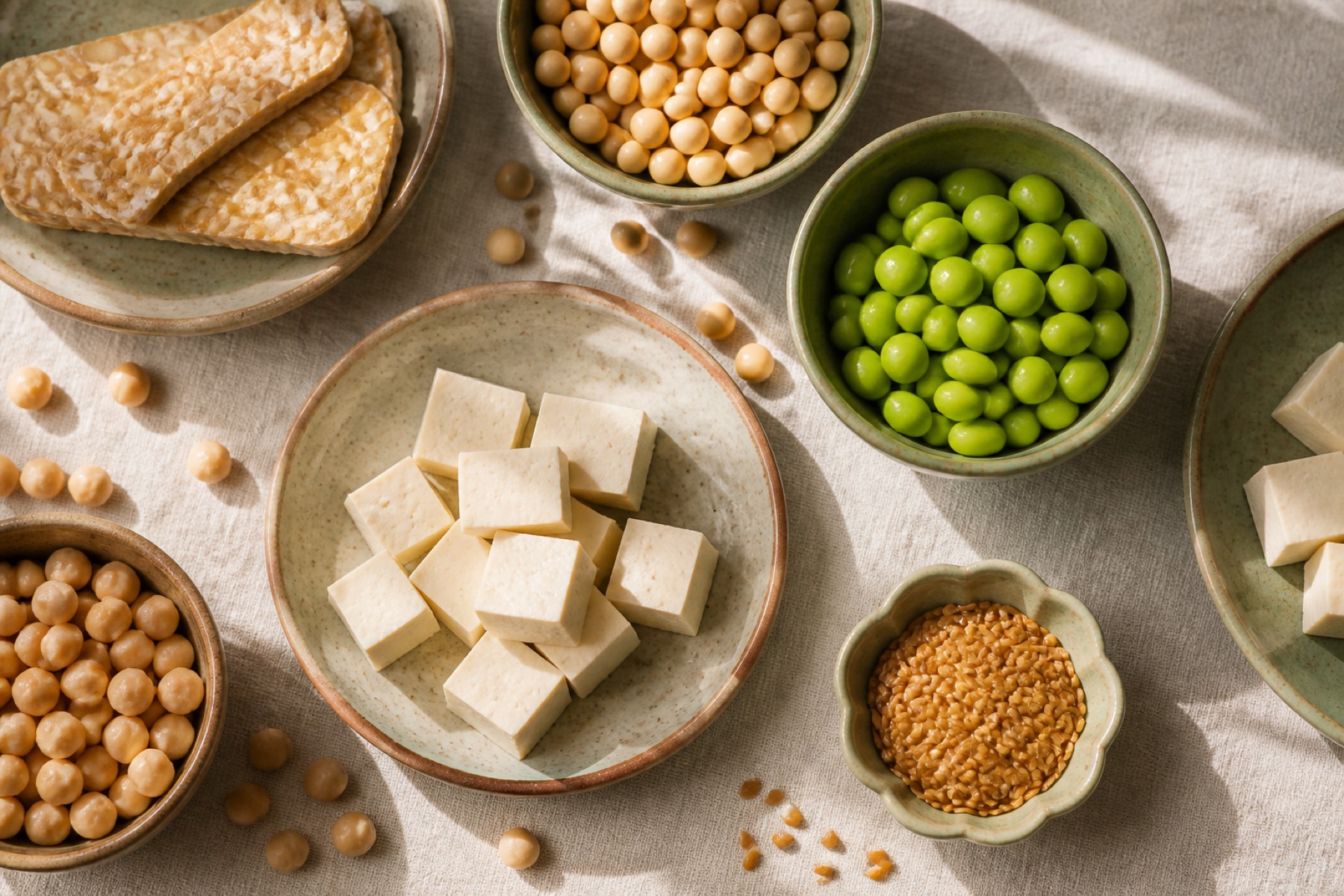 Bowls of edamame beans, silken tofu, tempeh, soy beans and golden flaxseed