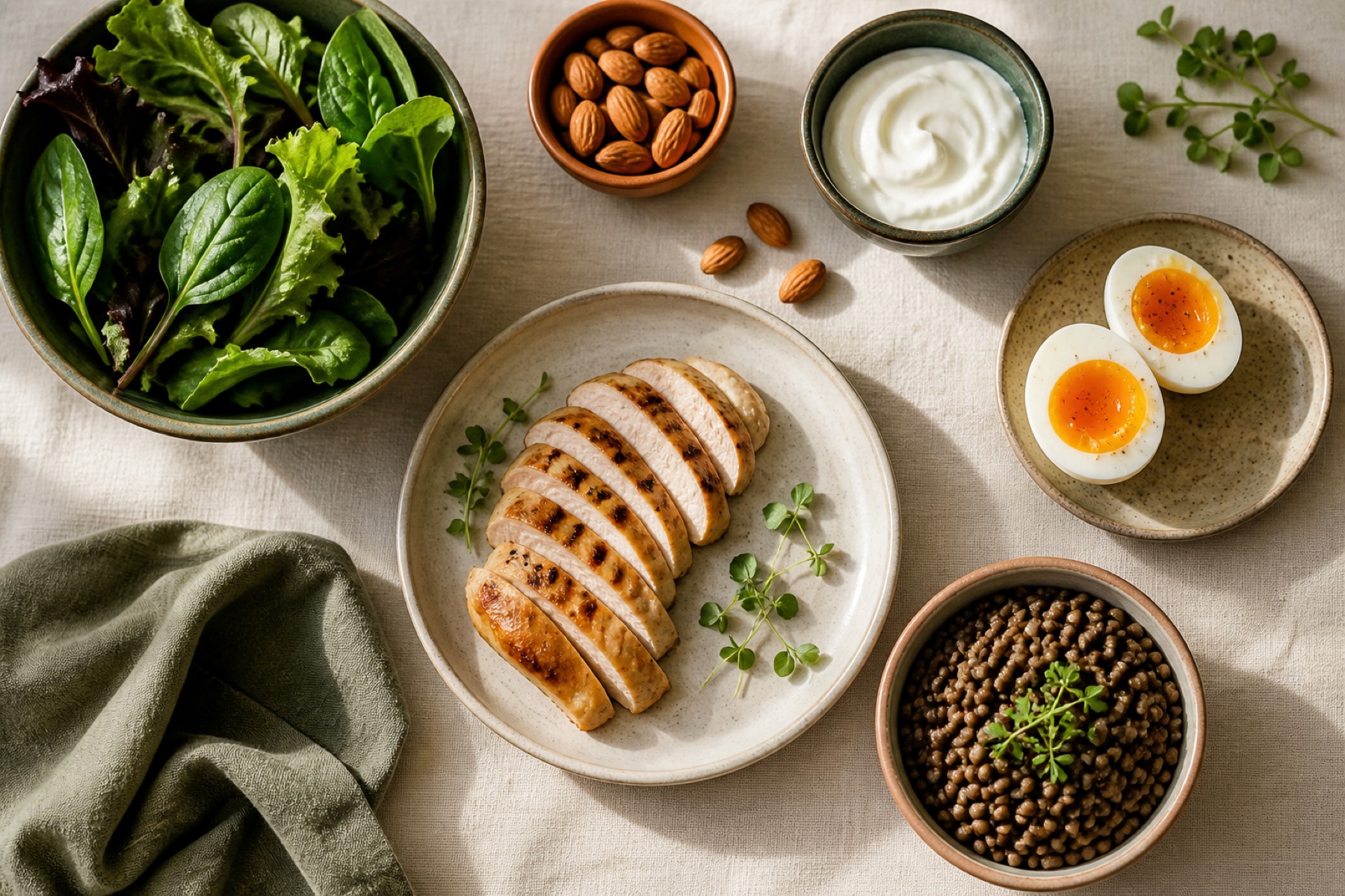 Flat lay of grilled chicken, soft-boiled eggs, Greek yoghurt, lentils, almonds and leafy greens