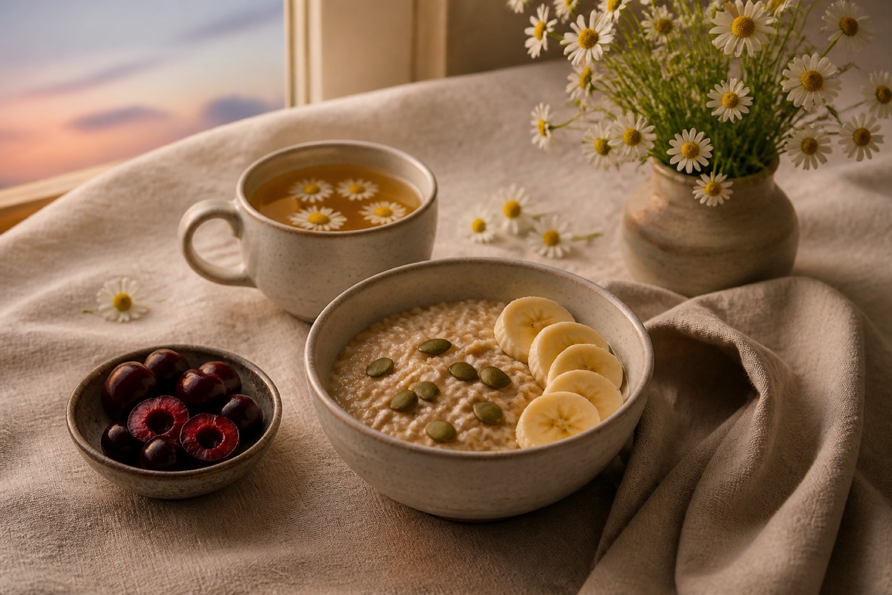Warm oat porridge with banana and pumpkin seeds beside chamomile tea and cherries