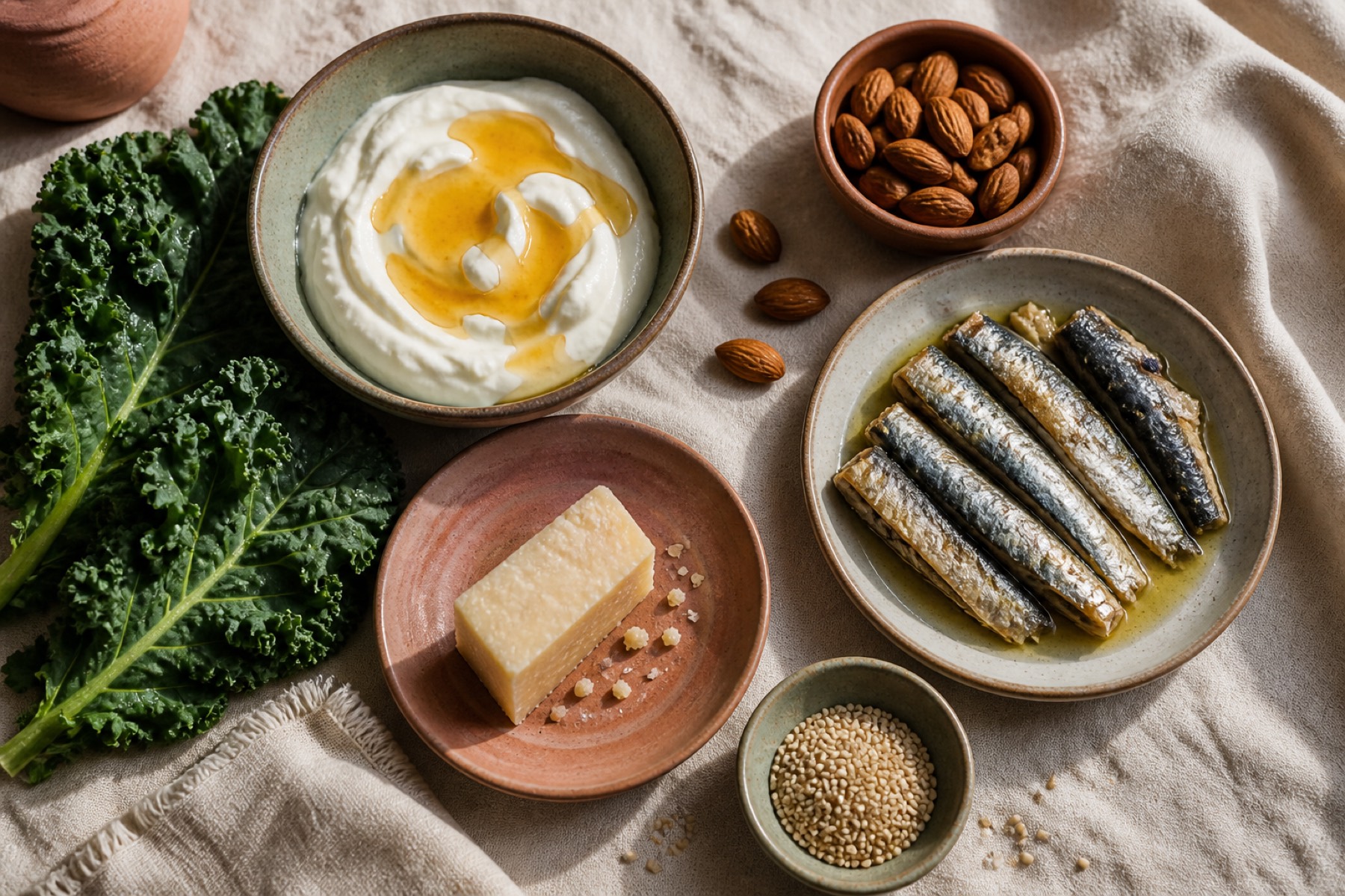 Greek yoghurt drizzled with honey, sardines, kale leaves, cheese and sesame seeds