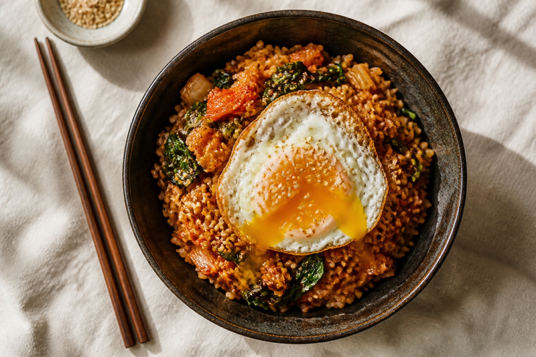 Kimchi fried brown rice with wilted greens and a fried egg