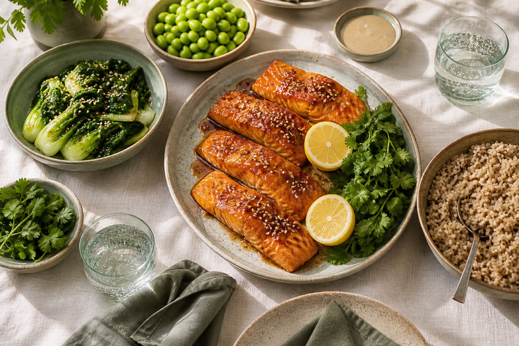 A sharing table of glazed salmon platter, sesame greens, edamame and rice