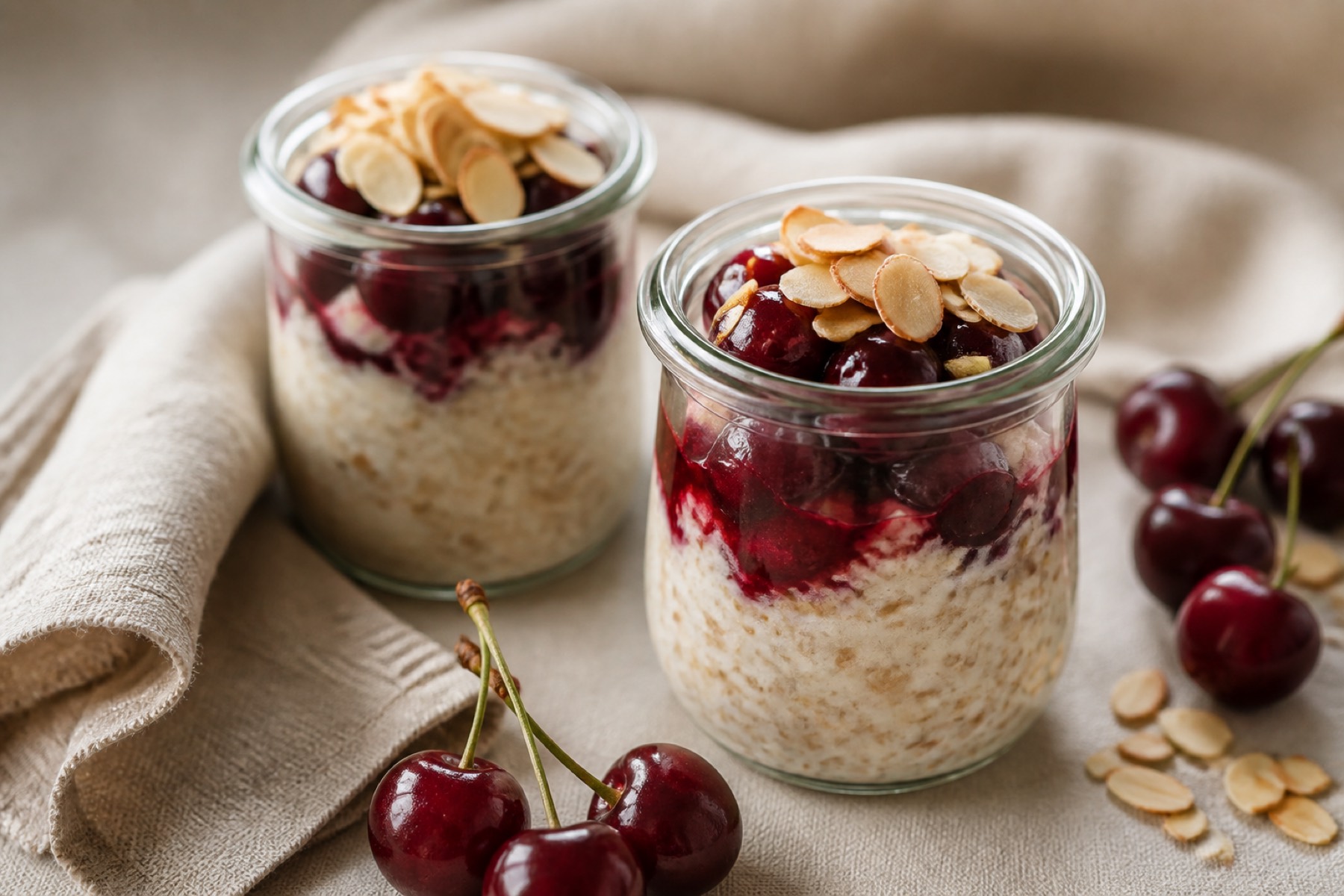 A breakfast table with cherry overnight oats and a protein-rich spread