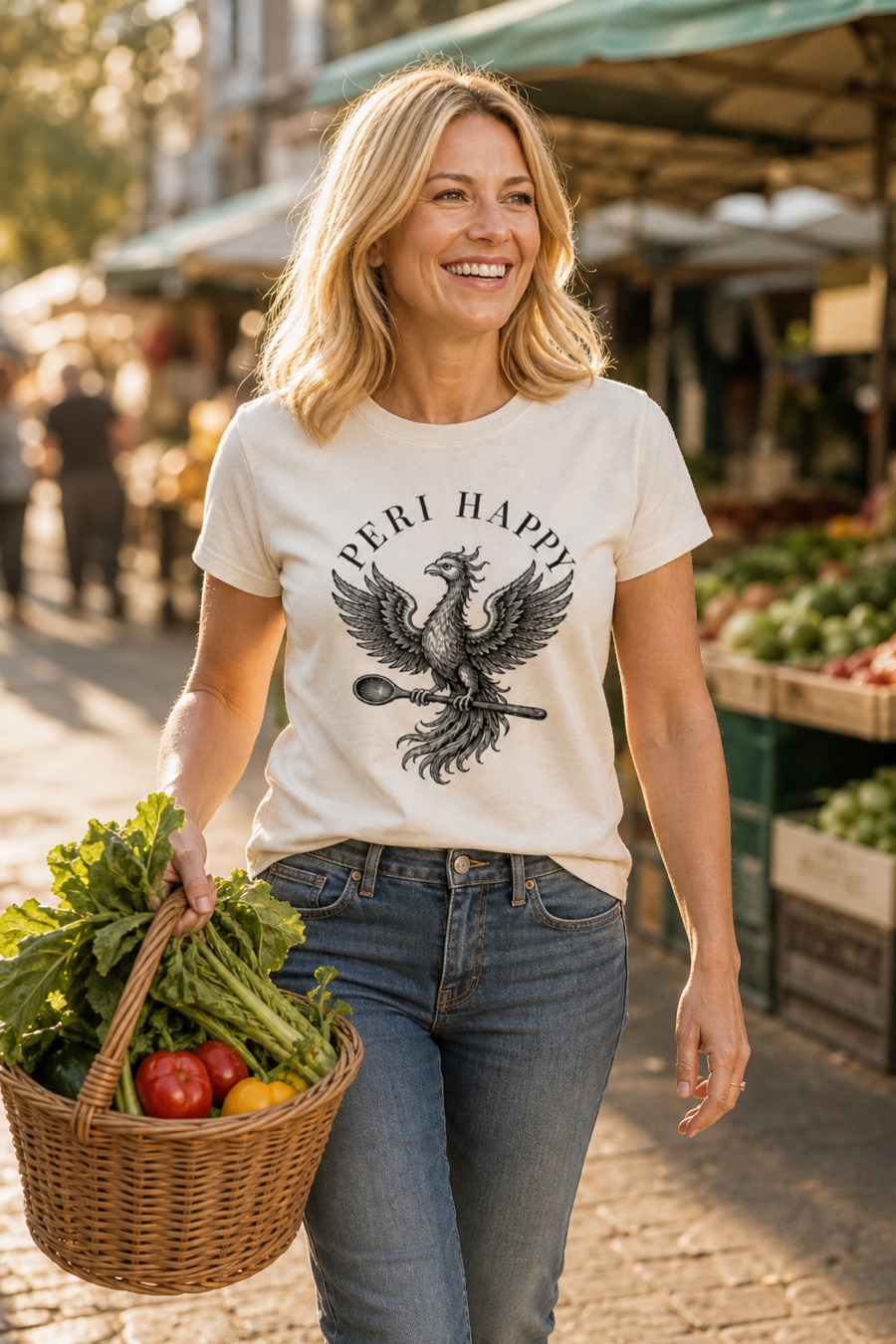 Woman walking through a sunlit market in the Phoenix Tee with jeans and a basket of vegetables, print fully visible