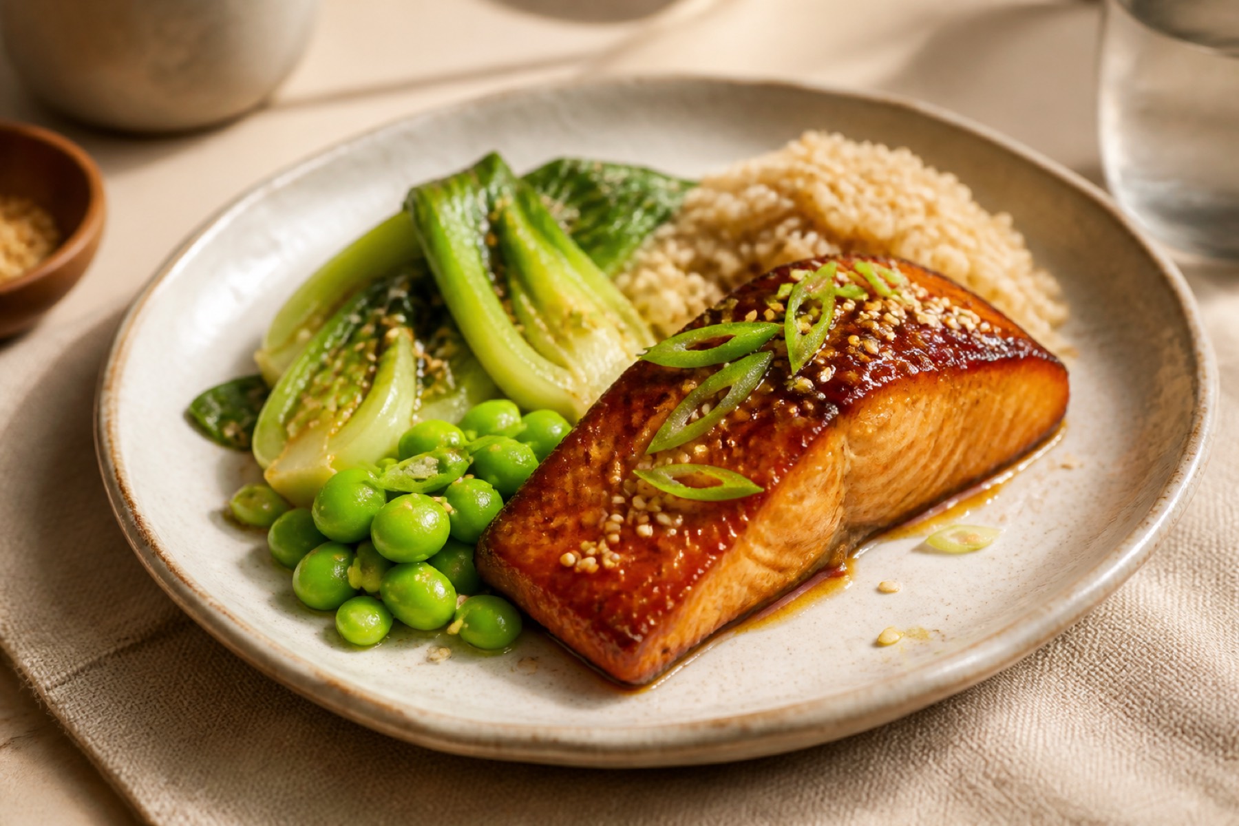 Miso-glazed salmon with pak choi, edamame and wholegrain rice
